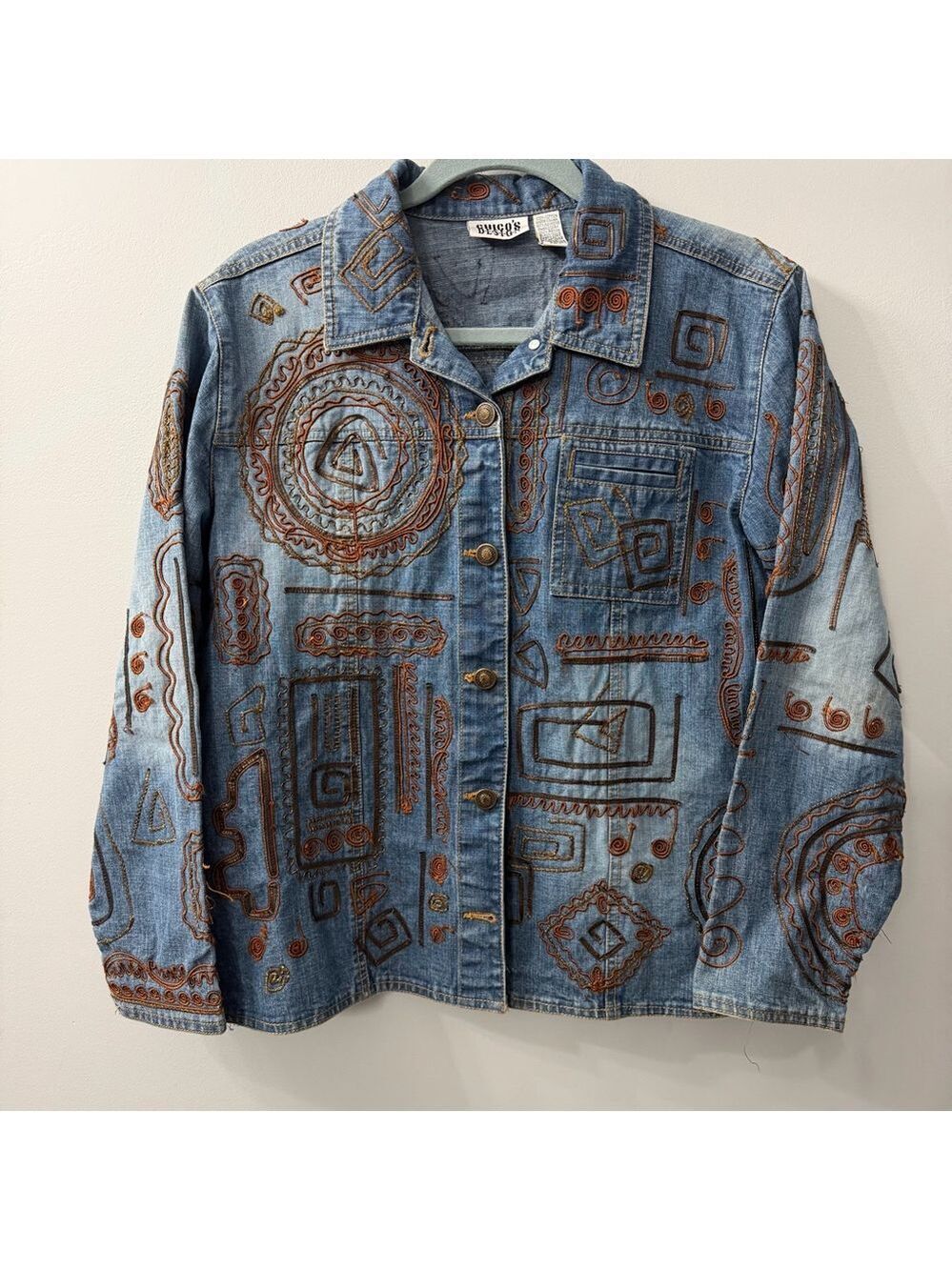Vintage Chico’s Design Blue Jean Jacket Brown Abstract Embroidery Med/8